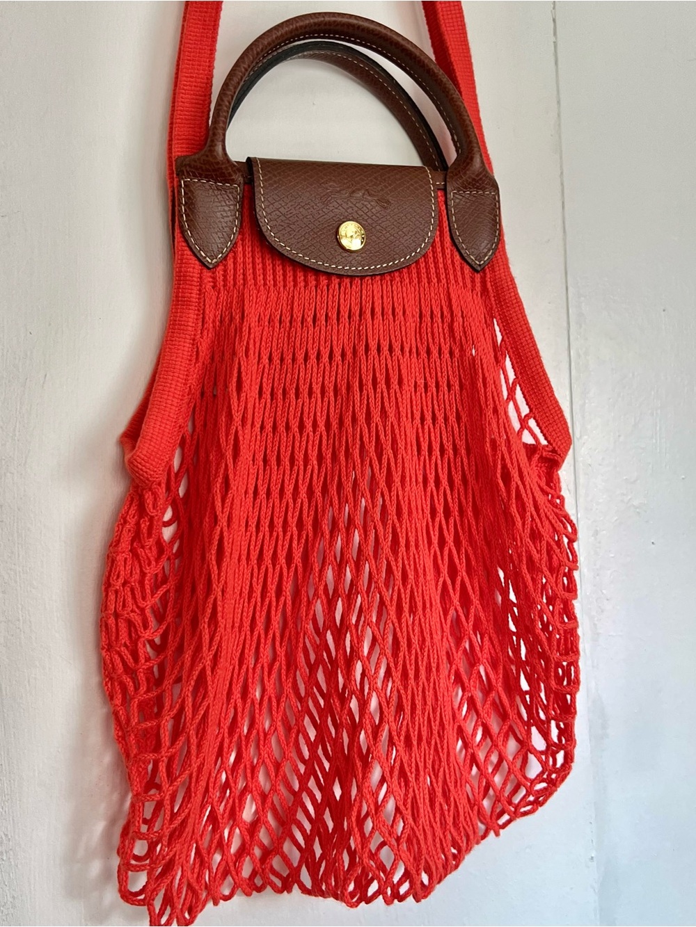 Longchamp Le Pliage Large Filet Filt Mesh Net Shoulder Sac Bag Orange Red - Picture 2 of 6